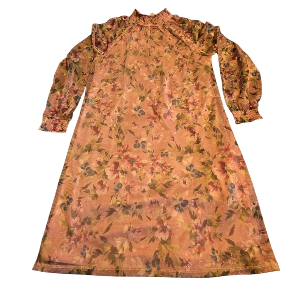 Nina Leonard Metallic Floral Smocked High-Collar Swing Dress Size L EUC
